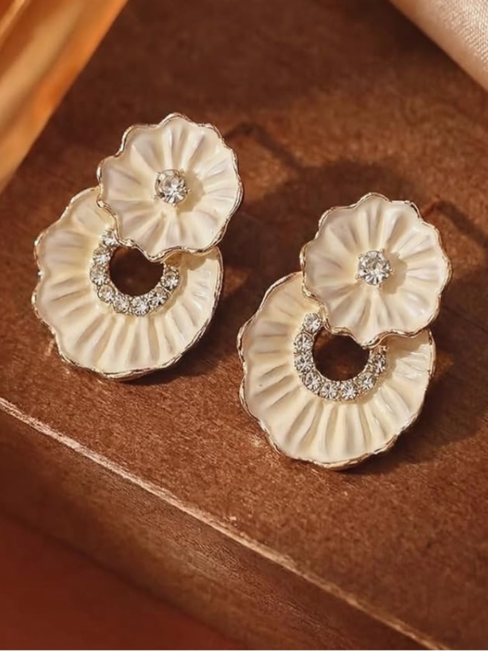 New Anthropologie Cream Floral Double Drop Earrings with Rhinestone Hoop